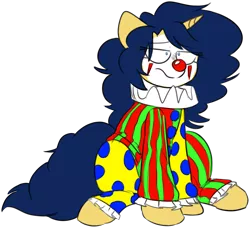 Size: 1570x1429 | Tagged: safe, artist:2k.bugbytes, ponybooru import, oc, oc:flash reboot, unofficial characters only, pony, unicorn, clothes, clown, clown makeup, clown nose, face paint, female, image, outfit, png, simple background, sitting, solo, transparent background, unamused