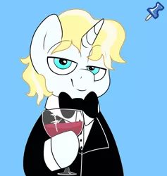 Size: 4000x4215 | Tagged: safe, artist:2k.bugbytes, artist:etherium-apex, ponybooru import, oc, oc:rosin bow, pony, unicorn, acres avatar, alcohol, base used, clothes, glass, image, male, png, simple background, solo, tuxedo, wine, wine glass