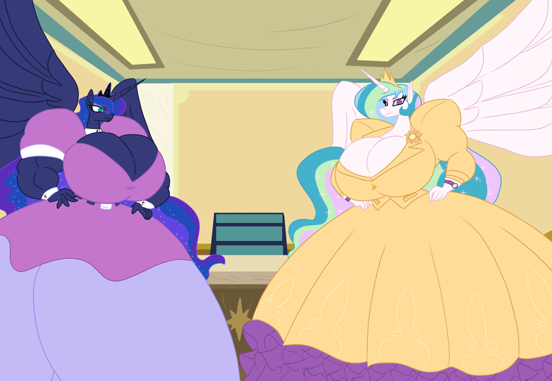 Size: 3000x2070 | Tagged: suggestive, artist:da-fuze, derpibooru import, princess celestia, princess luna, ponified, alicorn, anthro, pony, equestria girls, ballgown, big breasts, breasts, busty princess celestia, busty princess luna, cleavage, clothes, dress, duo, duo female, equestria girls outfit, female, gown, hand on hip, huge breasts, hyper, image, impossibly large breasts, muscles, muscular female, png, princess muscle moona, princess musclestia, principal celestia, vice principal luna