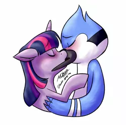 Size: 1440x1440 | Tagged: safe, artist:baldgagits, derpibooru import, twilight sparkle, anthro, pony, unicorn, aeroplanes and meteor showers, airplanes (song), crossover, crossover shipping, crying, female, image, jay, jpeg, male, mare, meme, mordecai, mordetwi, redraw mordetwi meme, regular show, shipping, simple background, song reference, straight