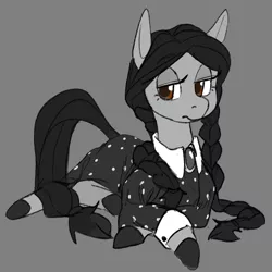 Size: 1000x1000 | Tagged: safe, artist:anonymous, oc, oc:wednesday, ponified, unofficial characters only, pony, braid, clothes, female, gray background, grayscale, hooves, image, looking at you, mare, monochrome, partial color, png, prone, simple background, solo, wednesday addams, weekday ponies