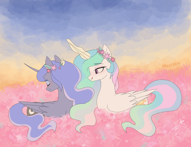 Size: 1611x1245 | Tagged: safe, artist:dusk40536, artist:horizon, derpibooru import, princess celestia, princess luna, alicorn, pony, female, flower, image, incest, lesbian, png, princest, royal sisters, shipping, siblings, sisters