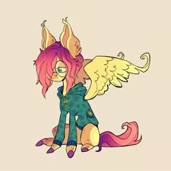 Size: 2149x2149 | Tagged: safe, artist:_psiionix_, derpibooru import, fluttershy, pony, beige background, clothes, coat markings, colored hooves, female, glasses, gradient mane, hoodie, image, jpeg, mare, redesign, short hair, sitting, solo