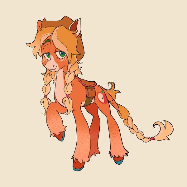 Size: 2034x2035 | Tagged: safe, artist:_psiionix_, derpibooru import, applejack, earth pony, pony, alternate cutie mark, bag, beige background, braid, braided pigtails, braided tail, coat markings, colored ears, facial hair, freckles, goatee, gradient hooves, gradient mane, horseshoes, image, jpeg, pale belly, redesign, saddle, saddle bag, snip (coat marking), solo, unshorn fetlocks