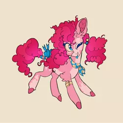 Size: 2008x2008 | Tagged: safe, artist:_psiionix_, derpibooru import, pinkie pie, earth pony, pony, alternate cutie mark, beige background, blue tongue, bow, coat markings, colored hooves, colored wings, female, image, jpeg, mare, mottled coat, one eye closed, pale belly, pigtails, redesign, solo, tail bow, tail wrap, tongue out, wings