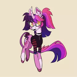 Size: 1932x1933 | Tagged: safe, artist:_psiionix_, derpibooru import, twilight sparkle, pony, unicorn, alternate cutie mark, alternate hairstyle, beige background, black lipstick, choker, clothes, colored ears, colored hooves, curved horn, ear fluff, female, glasses, horn, image, jpeg, leonine tail, lipstick, mare, pigtails, punklight sparkle, redesign, shirt, snip (coat marking), socks (coat marking), solo, striped shirt, yellow eyes