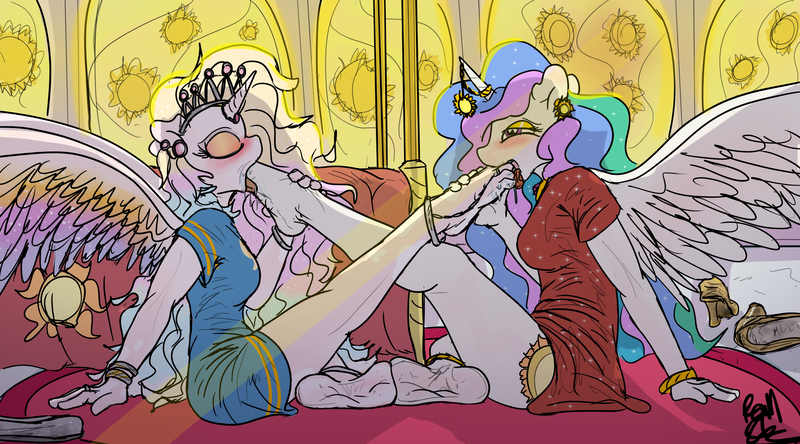 Size: 3000x1665 | Tagged: suggestive, artist:fetishsketches, derpibooru import, princess celestia, oc, oc:aristeia, alicorn, anthro, barefoot, bed, clothes, commission, dress, feet, female, females only, fetish, foot fetish, foot worship, image, jewelry, png