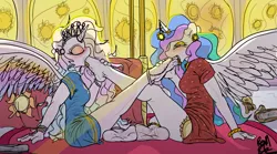 Size: 3000x1665 | Tagged: suggestive, artist:fetishsketches, derpibooru import, princess celestia, oc, oc:aristeia, alicorn, anthro, barefoot, bed, clothes, commission, dress, feet, female, females only, fetish, foot fetish, foot worship, image, jewelry, png