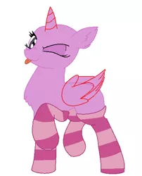 Size: 453x562 | Tagged: safe, artist:aonairfaol, derpibooru import, oc, unofficial characters only, alicorn, pony, :p, alicorn oc, bald, base, chest fluff, clothes, eyelashes, horn, image, one eye closed, png, simple background, socks, solo, striped socks, tongue out, white background, wings, wink