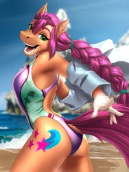 Size: 4500x6000 | Tagged: safe, artist:mykegreywolf, derpibooru import, sunny starscout, anthro, earth pony, g5, ass, beach, breasts, busty sunny starscout, butt, clothes, cute, female, image, looking at you, ocean, one-piece swimsuit, open-back swimsuit, png, solo, sunnybetes, swimsuit