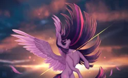 Size: 3848x2376 | Tagged: grimdark, artist:elektra-gertly, derpibooru import, twilight sparkle, twilight sparkle (alicorn), alicorn, pony, bleeding, blood, blood from mouth, cloud, colored wings, crying, digital art, eyes closed, feather, image, png, sky, solo, sunset, tears of pain, wings
