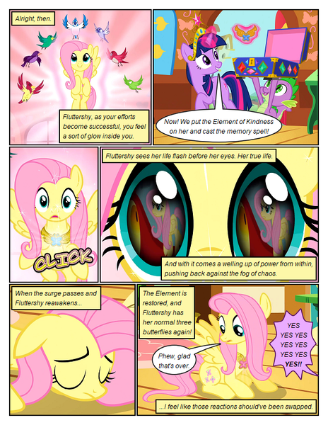 Size: 612x792 | Tagged: safe, derpibooru import, edit, edited screencap, screencap, fluttershy, spike, twilight sparkle, bird, dragon, pegasus, pony, unicorn, comic:friendship is dragons, box, comic, dialogue, element of kindness, element of magic, eye reflection, eyelashes, female, glowing horn, horn, image, indoors, looking back, magic, male, mare, onomatopoeia, png, reflection, screencap comic, sunburst background, telekinesis, unicorn twilight, wings