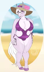 Size: 2550x4177 | Tagged: suggestive, artist:askbubblelee, derpibooru import, oc, oc:wisteria thorn, unofficial characters only, anthro, bat pony, bat pony unicorn, hybrid, unguligrade anthro, unicorn, beach, big breasts, breasts, clothes, commission, digital art, fangs, fat, female, gilf, glasses, hat, horn, image, mare, one-piece swimsuit, png, slit eyes, smiling, solo, solo female, sun hat, swimsuit, unicorn oc