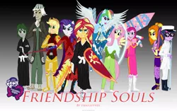 Size: 1024x643 | Tagged: safe, artist:featherbook, derpibooru import, adagio dazzle, applejack, clover the clever, discord, fluttershy, pinkie pie, rainbow dash, rarity, sci-twi, sunset shimmer, twilight sparkle, siren, fanfic, fanfic:friendship souls, equestria girls, armor, bleach (manga), clothes, crossover, fanfic art, female, hat, humane five, humane seven, humane six, image, jpeg, kimono (clothing), looking at you, pinkamena diane pie, shield, sword, tail, walking on water, weapon, wings