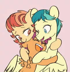 Size: 2041x2104 | Tagged: safe, artist:chub-wub, derpibooru import, aunt holiday, auntie lofty, scootaloo, earth pony, pegasus, pony, the last crusade, aunt and niece, cute, cutealoo, eyes closed, female, filly, hug, image, jpeg, lesbian, lofty day, mare, one eye closed, open mouth, shipping, simple background, wink, yellow background