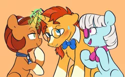 Size: 3631x2236 | Tagged: safe, artist:chub-wub, derpibooru import, photo finish, stellar flare, sunburst, earth pony, pony, unicorn, beard, bowtie, crack shipping, embarrassed, facial hair, female, glasses, glowing horn, horn, image, jpeg, lesbian, magic, male, mare, markings, mother and child, mother and son, orange background, raised hoof, shipping, simple background, stallion, sweat, sweatdrop