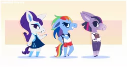 Size: 2153x1149 | Tagged: safe, artist:syrupyyy, derpibooru import, rainbow dash, rarity, twilight sparkle, anthro, horse, pony, alternate hairstyle, animal crossing, blue eyeshadow, blue fur, book, clothes, confident, crossover, dolphin shorts, dress, eyebrows visible through hair, eyeshadow, female, hand on hip, happy, heroines, hoof on hip, image, jeans, jpeg, makeup, multicolored mane, multicolored tail, one knee arched, open mouth, pants, purple bottomwear, purple fur, purple mane, purple tail, rainbow tail, seductive, shirt, shorts, side slit, smiling, socks, sports shorts, stockings, t-shirt, thigh highs, trio, trio female, two toned bottomwear, two toned bottomwear (red & white), two toned clothes, two toned topwear, two toned topwear (black & white), vest, white fur