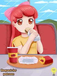 Size: 1500x2000 | Tagged: safe, artist:focusb, derpibooru import, apple bloom, human, burger, cute, drink, food, french fries, humanized, image, jpeg, offscreen character, pov, soda