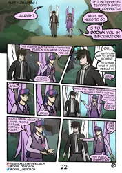 Size: 1000x1415 | Tagged: safe, artist:deroach, derpibooru import, twilight sparkle, twilight sparkle (alicorn), oc, oc:daylight, alicorn, human, comic:tales from equestria part 1, fanfic, fanfic:equestria project humanized, clothes, comic, cutie mark, cutie mark on clothes, everfree forest, female, humanized, image, male, png, tinyface, winged humanization, wings