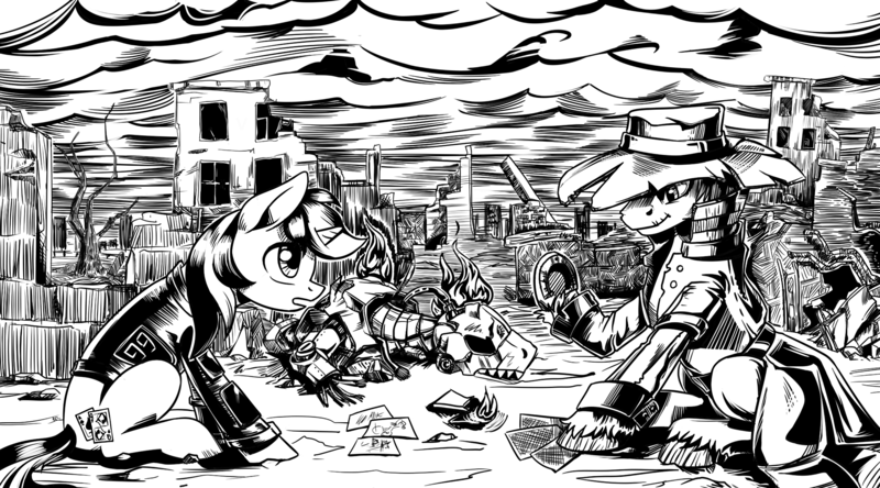 Size: 4256x2364 | Tagged: safe, artist:lexx2dot0, derpibooru import, oc, oc:blackjack, oc:dealer, oc:deus, earth pony, pony, unicorn, fallout equestria, fallout equestria: project horizons, black and white, book, comic, fanfic art, female, gambling, grayscale, horn, image, monochrome, playing card, png, poker chips