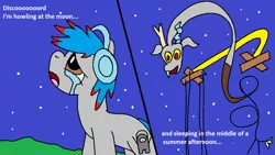 Size: 1280x720 | Tagged: safe, artist:squeaky-belle, derpibooru import, discord, oc, oc:the living tombstone, draconequus, earth pony, pony, 1000 hours in ms paint, aeroplanes and meteor showers, amogus, among us, are you frustrated?, crying, headphones, image, looking up, male, meme, ms paint, night, night sky, png, puppeteer, sky, smiling, song reference, stallion, stick figure