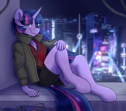 Size: 2000x1750 | Tagged: safe, artist:shadowreindeer, derpibooru import, twilight sparkle, anthro, unguligrade anthro, black bottomwear, city, clothes, cyberpunk, denim shorts, dock, eye clipping through hair, eyebrows visible through hair, female, graffiti, hand on knee, happy, image, jacket, jpeg, looking at you, multicolored mane, multicolored tail, night, purple eyes, purple fur, shorts, sitting, smiling, smiling at you, solo, solo female, tomboy