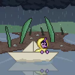 Size: 600x600 | Tagged: safe, artist:nitobit, derpibooru import, part of a set, twilight sparkle, alicorn, pony, cloud, female, grass, happy, image, mare, micro, paper, paper boat, pixel art, png, puddle, rain, raincoat, rock, solo, water