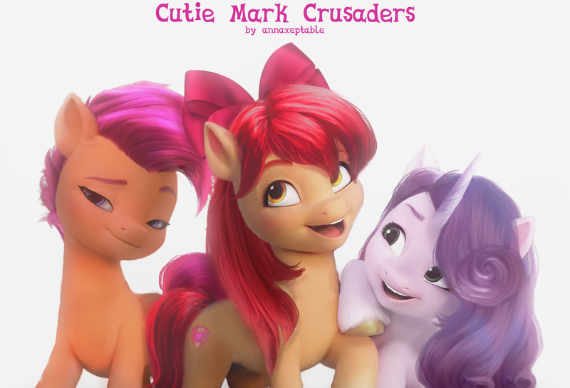 Size: 1416x965 | Tagged: safe, artist:annaxeptable, derpibooru import, edit, apple bloom, scootaloo, sweetie belle, earth pony, pony, unicorn, bow, cutie mark crusaders, female, g4 to g5, g5, hair bow, image, looking at you, open mouth, png, simple background, text, trio, unshorn fetlocks, white background