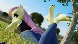 Size: 3840x2160 | Tagged: safe, artist:shadowboltsfm, derpibooru import, fluttershy, anthro, plantigrade anthro, adorasexy, barefoot, black nail polish, clothes, crossed legs, cute, eyelashes, eyeshadow, feet, fluttergoth, goth, image, jeans, looking back, makeup, nail polish, pants, png, sexy, tanktop, the pose, toes