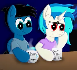 Size: 7200x6600 | Tagged: safe, artist:agkandphotomaker2000, derpibooru import, vinyl scratch, oc, oc:pony video maker, pegasus, pony, unicorn, canon x oc, clothes, coffee, coffee mug, difference, female, grumpy, hand on face, image, male, messy mane, morning ponies, mug, pajamas, png, ready for another day, shipping, shirt, simple background, straight, t-shirt, table, videoscratch