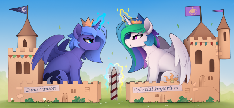 Size: 2900x1350 | Tagged: safe, artist:yakovlev-vad, derpibooru import, princess celestia, princess luna, pony, cardboard, castle, crown, duo, female, glowing horn, horn, image, jewelry, magic, paper crown, png, pouting, pouty lips, regalia, royal sisters, s1 luna, sibling rivalry, siblings, sisters, sitting, telekinesis