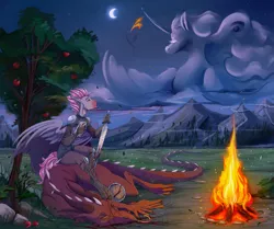 Size: 3333x2787 | Tagged: semi-grimdark, artist:1an1, derpibooru import, oc, unofficial characters only, anthro, dragon, pegasus, unguligrade anthro, apple, apple tree, blood, campfire, dead, food, image, moon, mountain, night, png, solo, tree