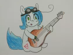 Size: 4000x3000 | Tagged: safe, artist:cherro, derpibooru import, oc, oc:mal, unofficial characters only, pony, bass guitar, female, goggles, image, jpeg, musical instrument, solo