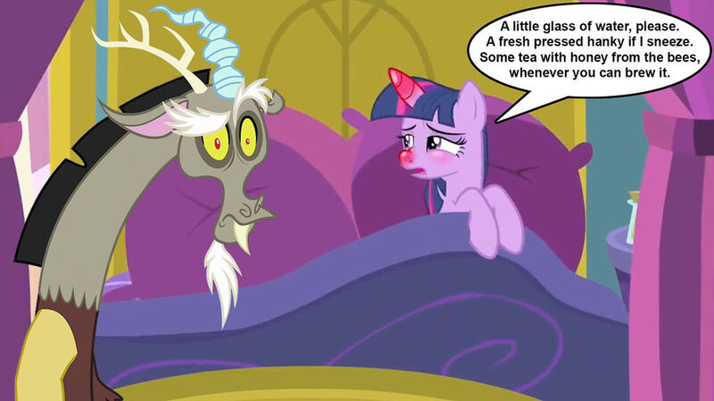 Size: 1024x575 | Tagged: safe, artist:silverbuller, derpibooru import, edit, edited screencap, screencap, discord, twilight sparkle, twilight sparkle (alicorn), alicorn, draconequus, pony, ail-icorn, three's a crowd, spoiler:interseason shorts, bed, duo, female, horn, image, jpeg, karma, male, mare, oh crap, sick, sicklight sparkle, swollen horn