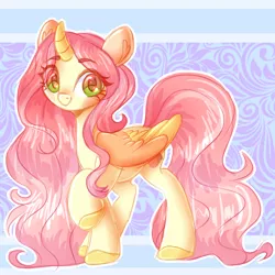 Size: 2000x2000 | Tagged: safe, artist:sambathebunny, oc, oc:peach, unofficial characters only, alicorn, pony, abstract background, artfight, blushing, colored hooves, curved horn, eye clipping through hair, female, horn, image, long hair, looking at you, mare, png, raised hoof, smiling, solo