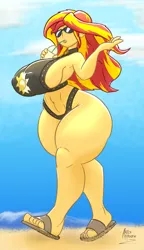 Size: 1345x2333 | Tagged: suggestive, artist:artsy-madraw, derpibooru import, sunset shimmer, human, equestria girls, equestria girls series, forgotten friendship, beach, big breasts, bikini, breasts, busty sunset shimmer, clothes, drink, drinking, drinking straw, erect nipples, female, huge breasts, image, midriff, nipple outline, png, sandals, sexy, sideboob, sky, solo, solo female, stupid sexy sunset shimmer, summer sunset, sunglasses, swimsuit, thighs, thunder thighs, wide hips