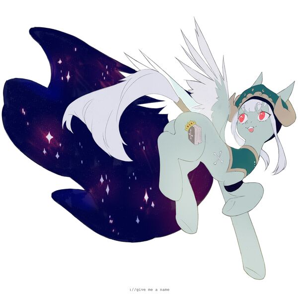 Size: 2288x2288 | Tagged: safe, artist:persikonia, oc:empress, pegasus, pony, arm band, artfight, clothes, female, galaxy, happy, hat, horns, image, jpeg, mare, moon, open mouth, raised hoof, simple background, smiling, solo, stars, tail wrap, two toned wings, white background, white hair, wings