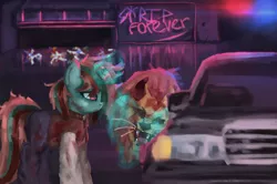 Size: 2488x1651 | Tagged: semi-grimdark, alternate version, artist:menalia, derpibooru import, oc, unnamed oc, unofficial characters only, manticore, pony, unicorn, aesthetics, blood, car, clothes, emotionless, female, horn, hotline miami, image, jacket, mafia, magic, magic aura, mare, mask, night, pants, png, police, text