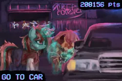 Size: 2488x1651 | Tagged: semi-grimdark, alternate version, artist:menalia, derpibooru import, oc, unnamed oc, unofficial characters only, manticore, pony, unicorn, aesthetics, blood, car, clothes, death, emotionless, female, horn, hotline miami, image, jacket, mafia, magic, magic aura, mare, mask, neon, night, pants, png, text