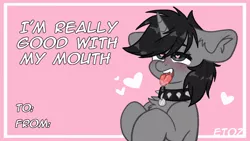 Size: 3840x2160 | Tagged: suggestive, artist:etoz, derpibooru import, oc, oc:howl, unofficial characters only, pony, unicorn, behaving like a dog, blushing, collar, commission, drool, drool string, eye clipping through hair, eyebrows, eyebrows visible through hair, fangs, female, flirt, flirting, heart, heart eyes, holiday, horn, image, mare, pet tag, png, shy, spiked collar, teeth, text, tongue out, unicorn oc, valentine, valentine's day, valentine's day card, wingding eyes, ych result