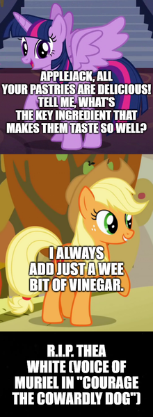 Size: 500x1365 | Tagged: safe, derpibooru import, edit, edited screencap, screencap, applejack, twilight sparkle, twilight sparkle (alicorn), alicorn, comic, courage the cowardly dog, food, image, in memoriam, png, rest in peace, screencap comic