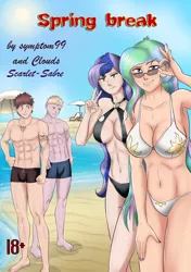 Size: 3541x5016 | Tagged: suggestive, artist:symptom99, derpibooru import, princess celestia, princess luna, oc, comic:spring break, equestria girls, abs, beach, bikini, clothes, comic, image, looking at you, muscles, peace sign, pecs, png, principal celestia, raised eyebrow, smiling, smirk, sunglasses, swimsuit, vice principal luna, victory sign