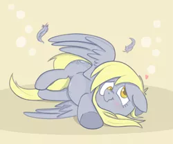 Size: 1095x912 | Tagged: safe, artist:cookieboy011, derpibooru import, derpy hooves, pegasus, pony, :t, blushing, cute, derpabetes, feather, floppy ears, heart, image, png, solo