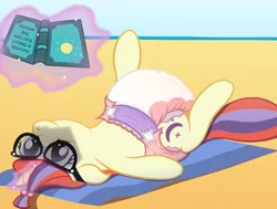 Size: 2900x2197 | Tagged: suggestive, artist:sweetielover, derpibooru import, moondancer, unicorn, beach, book, diaper, diaper fetish, female, fetish, high res, image, magic, magic aura, ocean, png, poofy diaper, reading, sand, solo, sunny day, towel, upside down