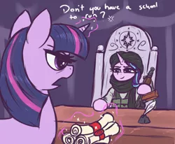 Size: 2406x1986 | Tagged: safe, artist:t72b, derpibooru import, starlight glimmer, twilight sparkle, pony, unicorn, afghanistan, ak74su, annoyed, chair, clothes, desk, dialogue, eyelashes, female, females only, frown, historical roleplay starlight, hoof hold, horn, image, inkwell, levitation, magic, mare, png, quill, scroll, telekinesis, text, throne, turban, unicorn twilight, weapon