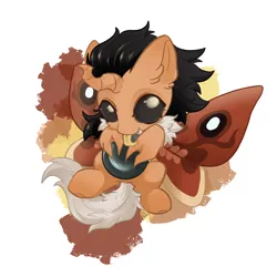 Size: 2048x2048 | Tagged: safe, artist:qamar, derpibooru import, oc, oc:dust, unofficial characters only, changeling, insect, moth, mothling, original species, abstract background, chibi, commission, egg, image, male, png, solo, species swap