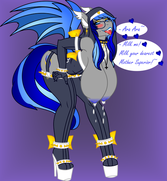 Size: 3907x4250 | Tagged: questionable, alternate version, artist:thunderboltx33, derpibooru import, edit, oc, oc:lightning glare, unofficial characters only, anthro, bat pony, plantigrade anthro, ara ara, bat pony oc, bat wings, beauty mark, bedroom eyes, bent over, big breasts, blushing, breast milk, breasts, clothes, collar, corset, cross, crucifix, derpibooru exclusive, dialogue, drool, ear piercing, earring, eyeshadow, fangs, female, garters, hanging breasts, heart, high heels, huge breasts, image, inverted cross, jewelry, lactation, leaking milk, lipstick, looking at you, makeup, milk, nipples, nudity, nun, open mouth, piercing, platform heels, png, shoes, simple background, socks, solo, solo female, spiked collar, thigh highs, tongue out, transparent background, upside down cross, white background, wings