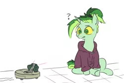 Size: 672x451 | Tagged: safe, artist:jargon scott, derpibooru import, oc, oc:okie dokey loki, pony, unicorn, claymore, claymore roomba, clothes, female, filly, hoodie, image, magical lesbian spawn, mine, offspring, parent:oc:dyx, parent:oc:filly anon, parents:oc x oc, png, question mark, roomba, solo, this will end in pain, weapon, wingding eyes