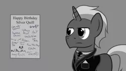 Size: 1227x690 | Tagged: safe, derpibooru import, oc, oc:firebrand, birthday card, clothes, grayscale, hallucination, image, monochrome, office, png, signature, suit, text, tf2 analysis anarchy, youtube source