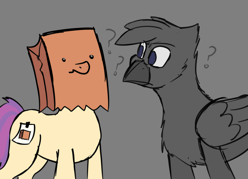 Size: 2400x1739 | Tagged: safe, artist:somber, derpibooru import, oc, oc:paper bag, unofficial characters only, earth pony, gryphon, pony, female, griffon oc, image, male, mare, paper bag, png